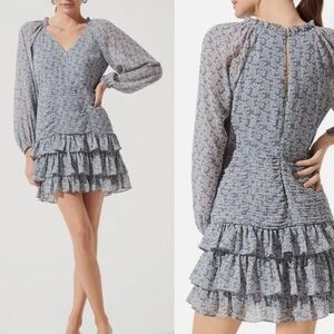 ASTR the Label Tiered Ruffle Dress in Blue Multi Floral women's size Large